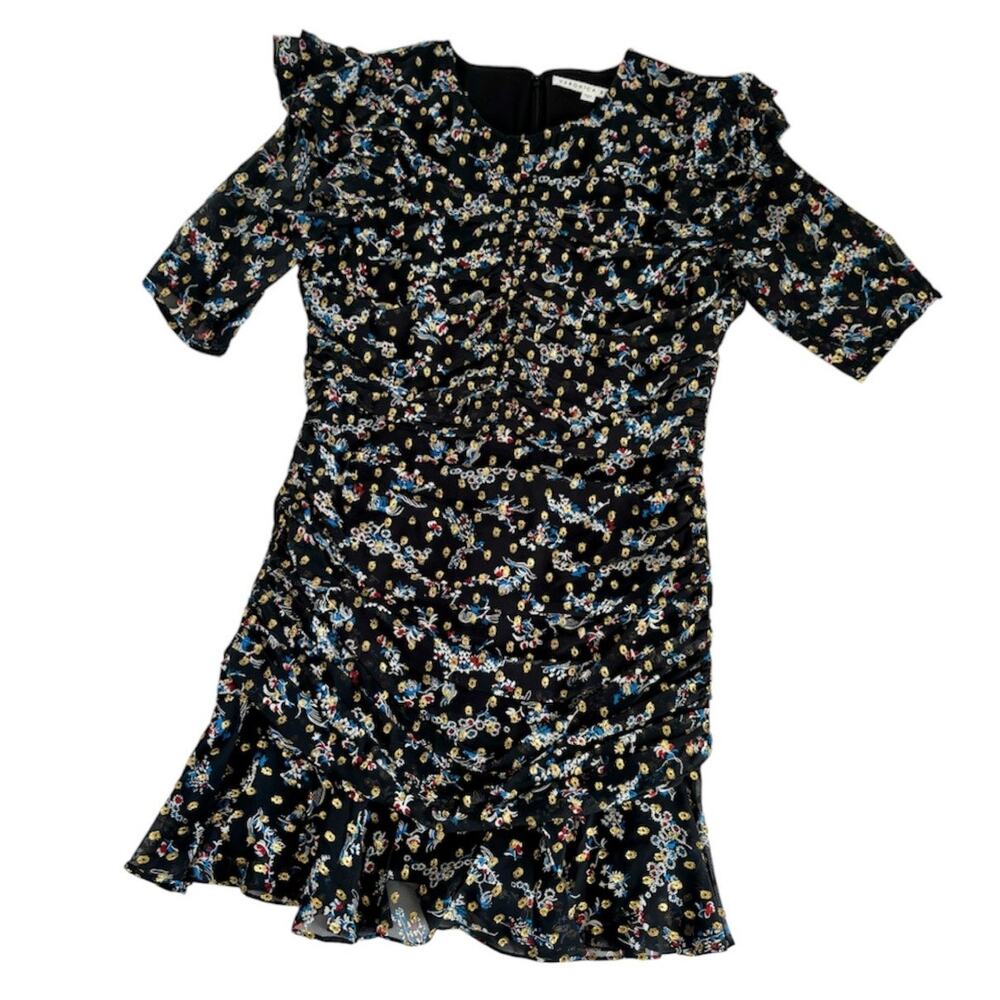 Veronica Beard Black Floral Print Gold Metallic Silk Ruched Mini Dress Size 8